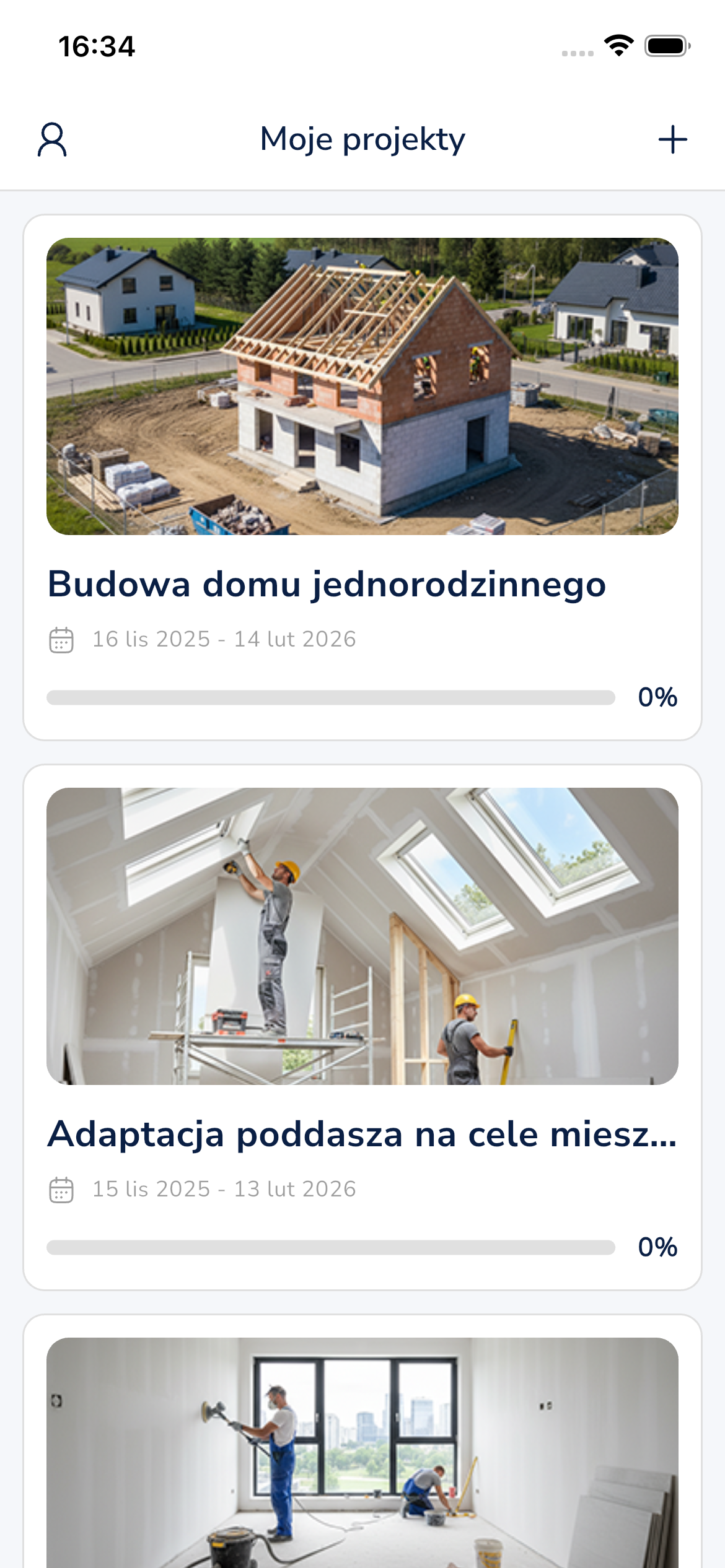 Screenshot aplikacji BezMajstra pokazujący listę projektów budowlanych