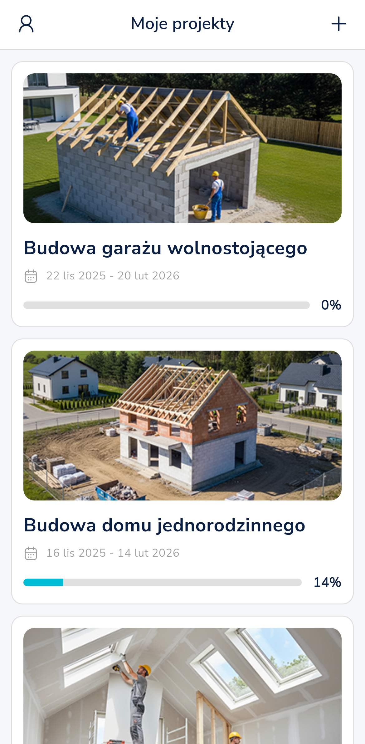 Widok aplikacji BezMajstra z zarządzaniem projektami budowlanymi
